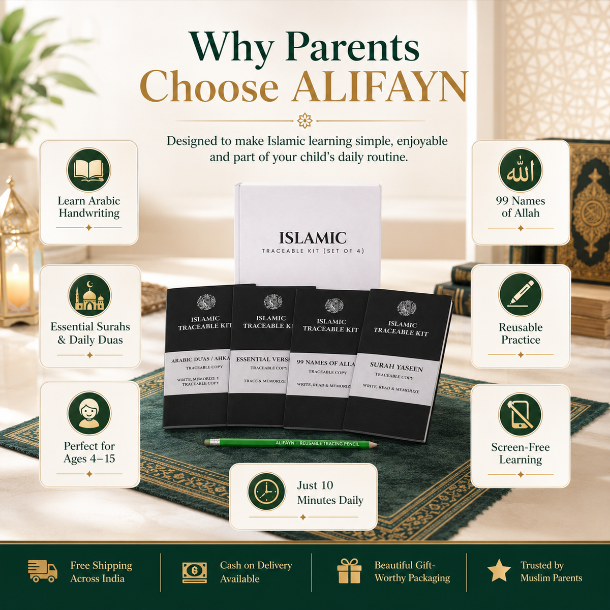 Islamic Traceable Kit for Kids | Learn Arabic & Essential Surahs (Set of 4)