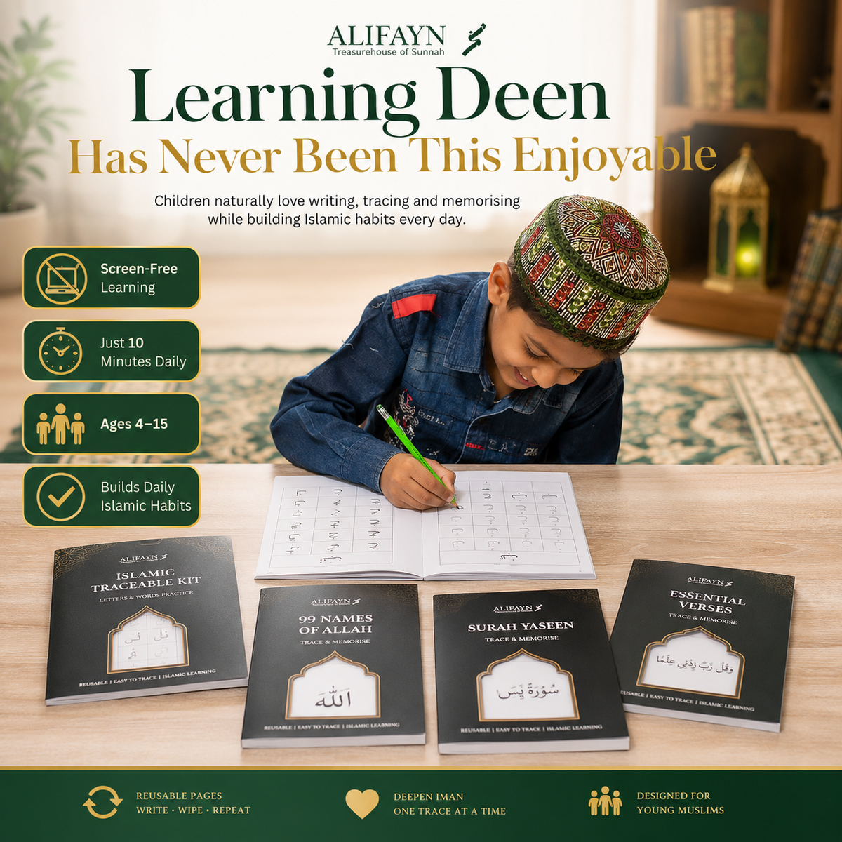 Islamic Traceable Kit for Kids | Learn Arabic & Essential Surahs (Set of 4)
