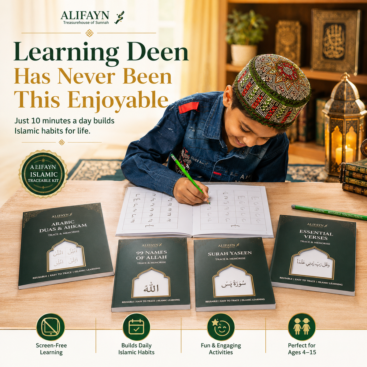 Islamic Traceable Kit for Kids | Learn Arabic & Essential Surahs (Set of 4)